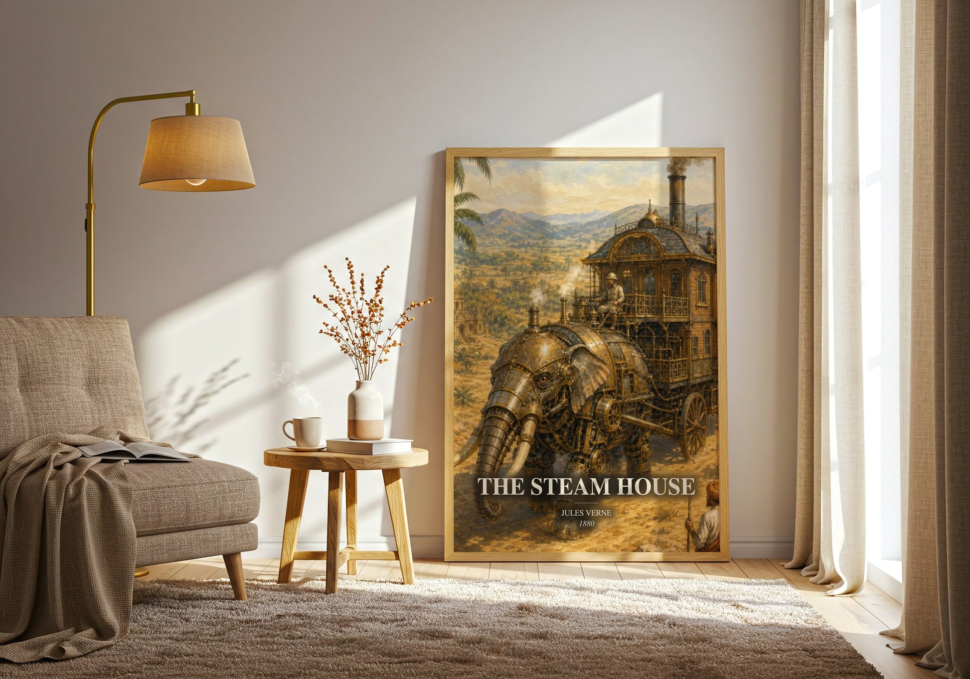The Steam House watercolour print in frame leaning in hallway – adventure wall art