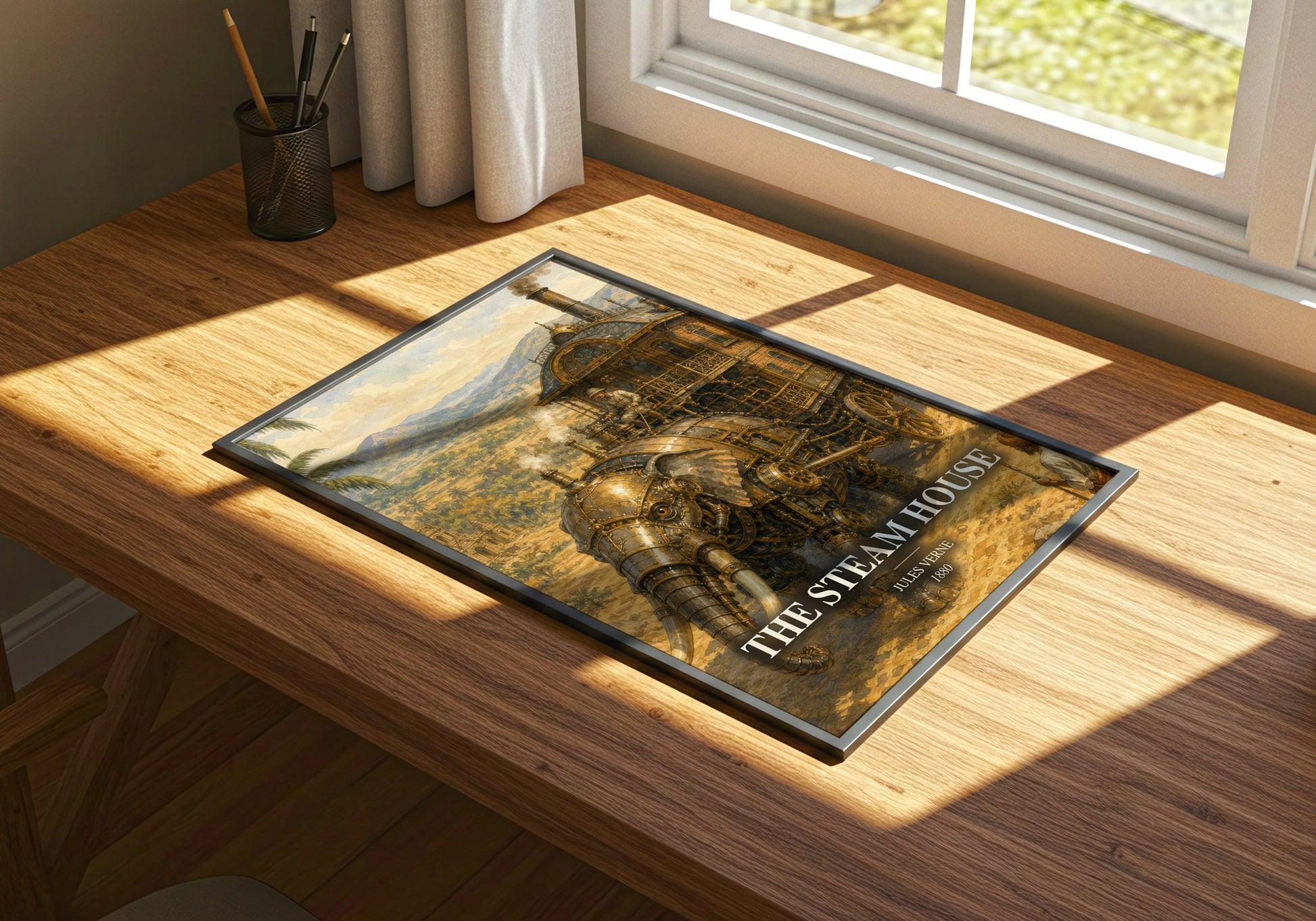 The Steam House watercolour book poster framed on wall – adventure wall art