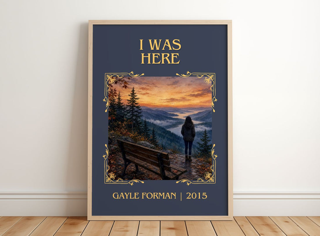 I Was Here Classic Book Art Print by Gayle Forman – framed print leaning on a wooden floor