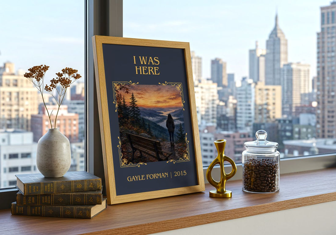 I Was Here Classic Book Art Print by Gayle Forman – framed print on a city-view windowsill