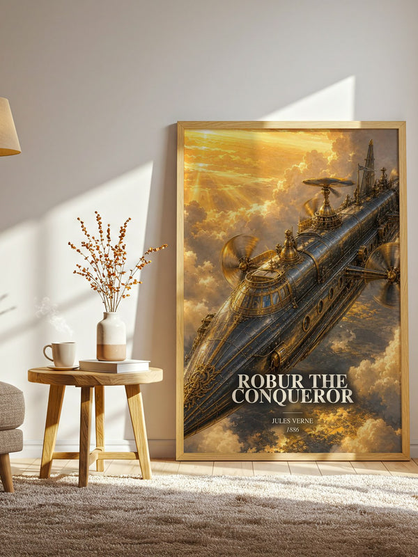 Robur The Conqueror watercolour print in frame leaning in hallway – sci fi wall art