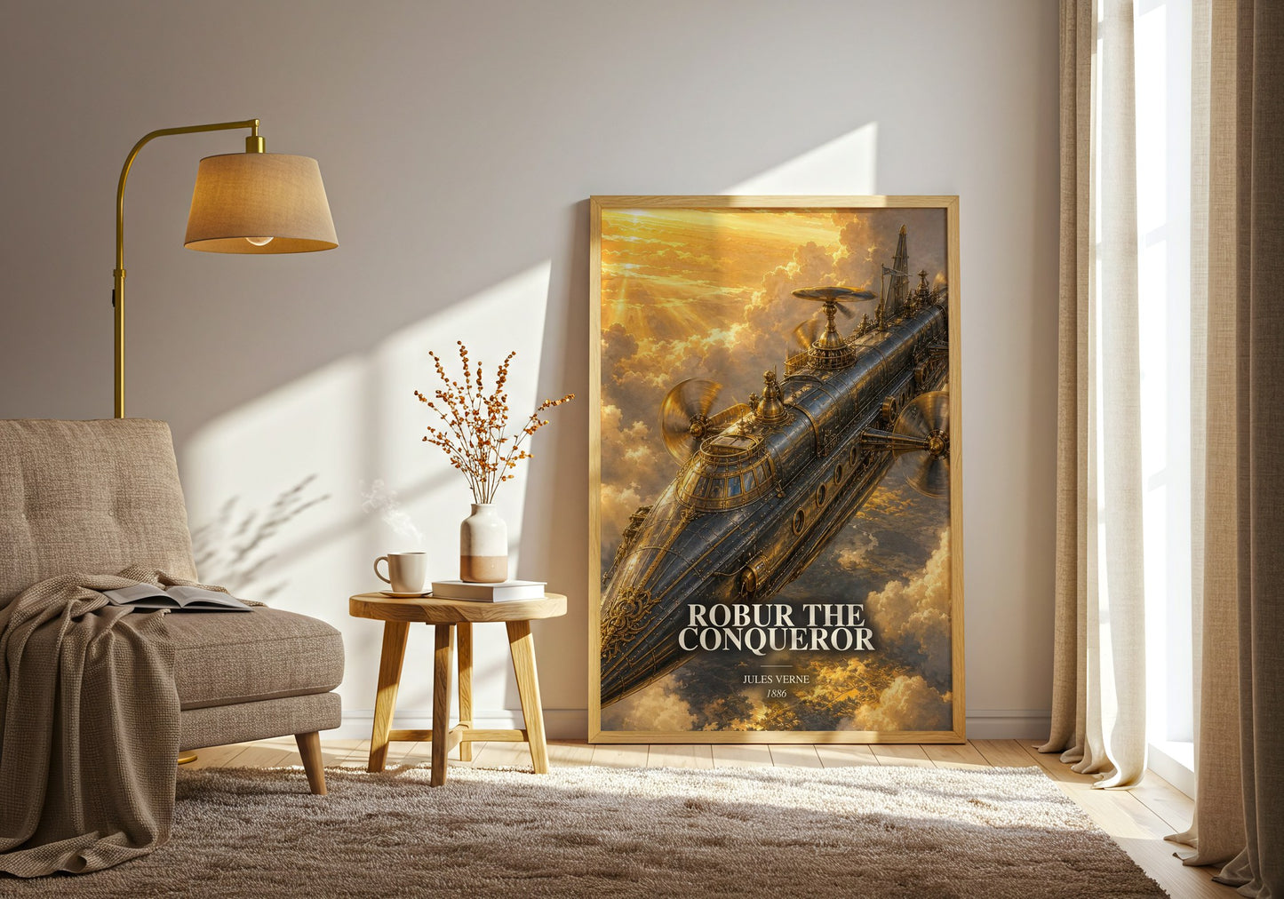 Robur The Conqueror watercolour print in frame leaning in hallway – sci fi wall art