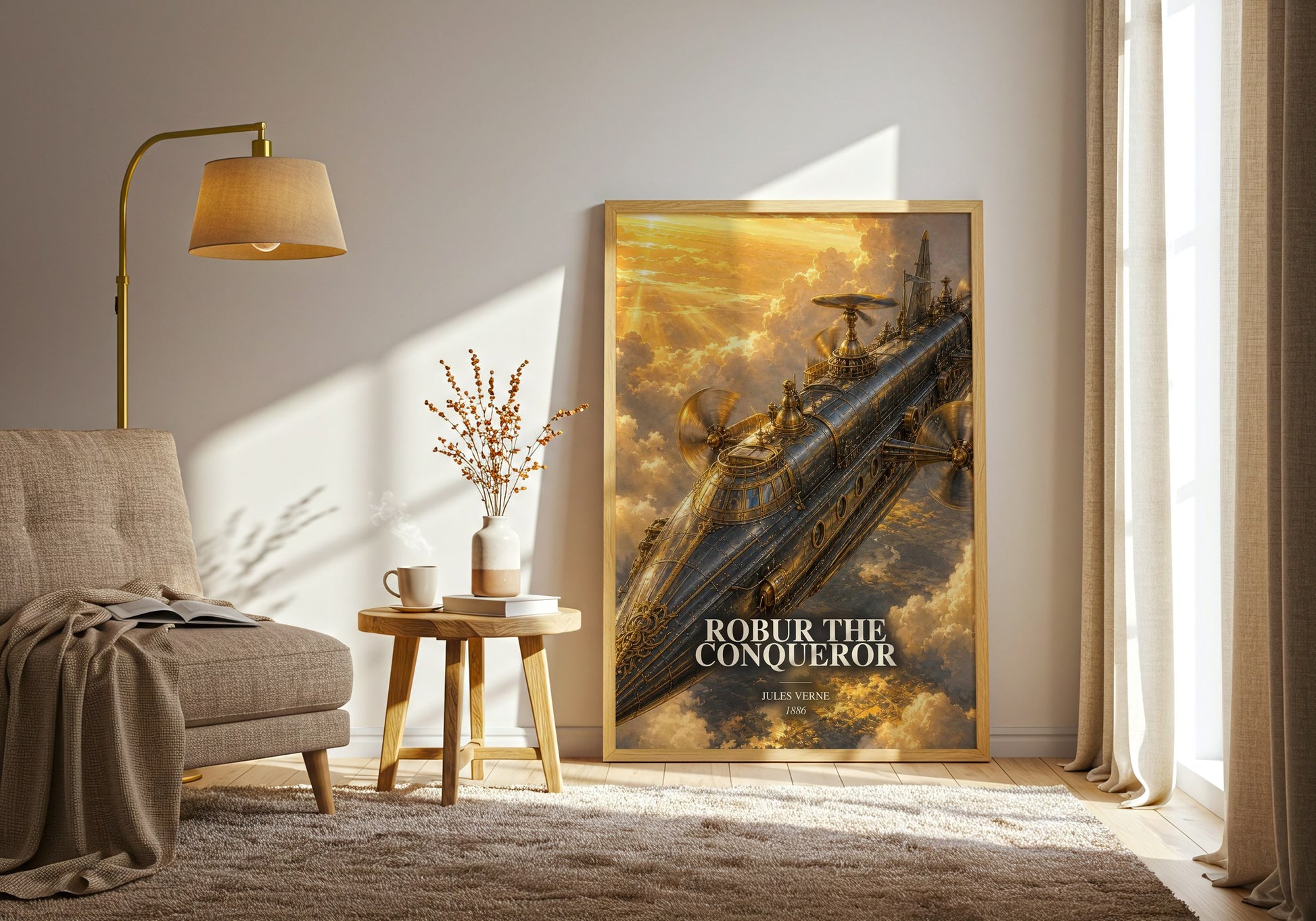 Robur The Conqueror watercolour print in frame leaning in hallway – sci fi wall art