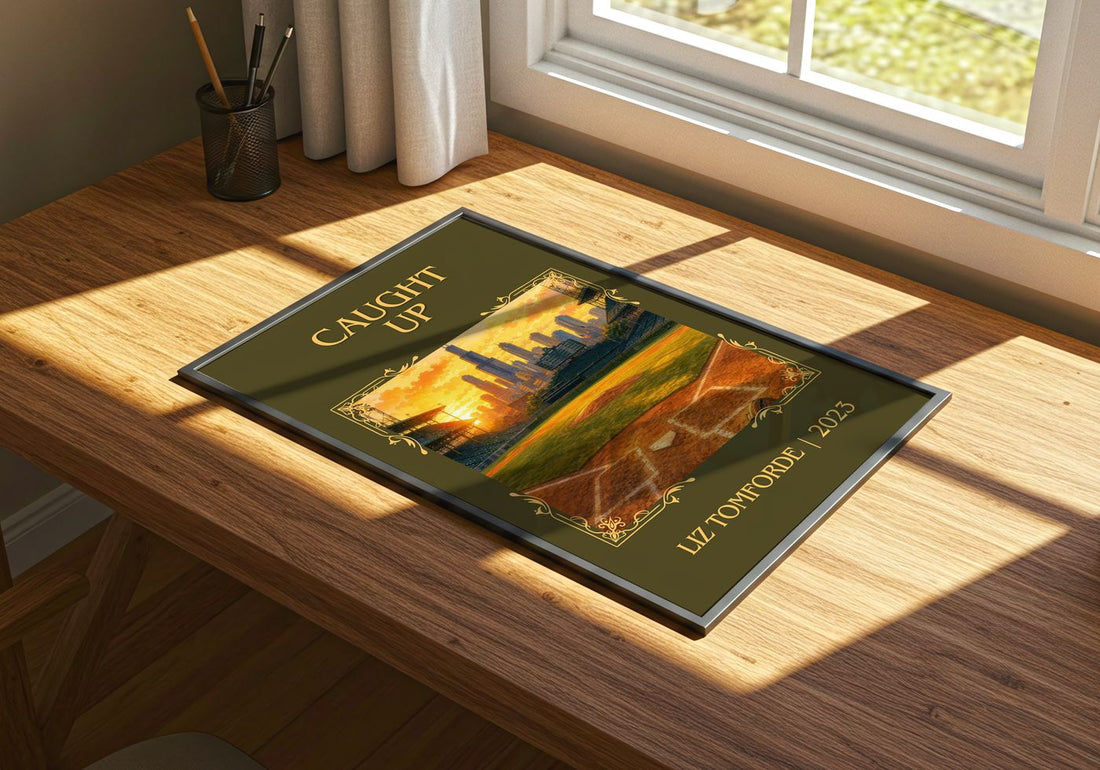 Caught Up Classic Book Art Print by Liz Tomforde – print on a sunlit desk