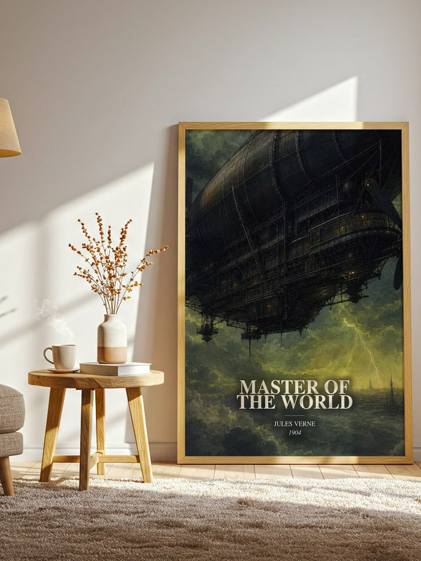 Master Of The World watercolour print in frame leaning in hallway – sci fi wall art