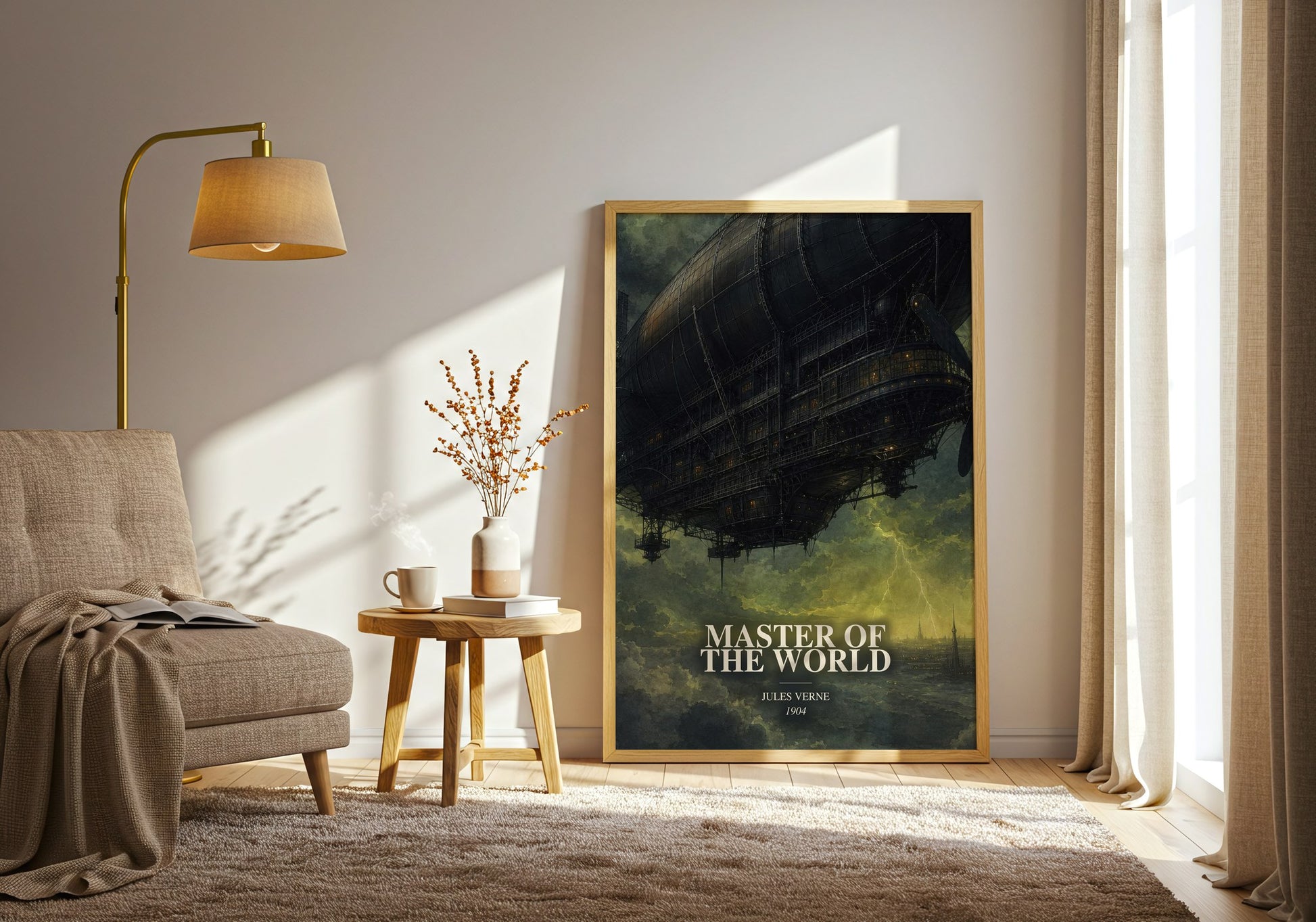 Master Of The World watercolour print in frame leaning in hallway – sci fi wall art