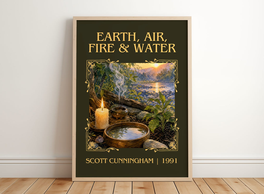 Earth, air, fire & water Classic Book Art Print by Scott Cunningham – framed print leaning on a wooden floor
