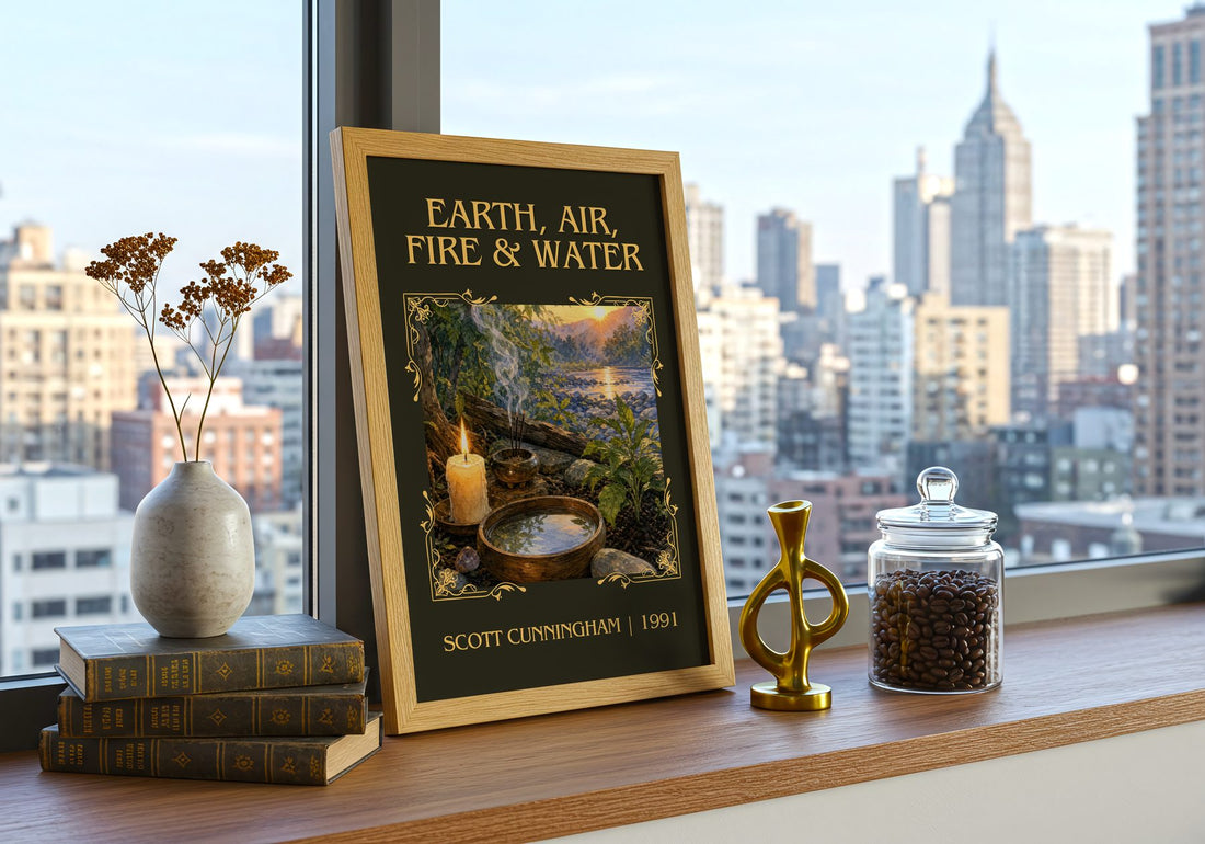 Earth, air, fire & water Classic Book Art Print by Scott Cunningham – framed print on a city-view windowsill