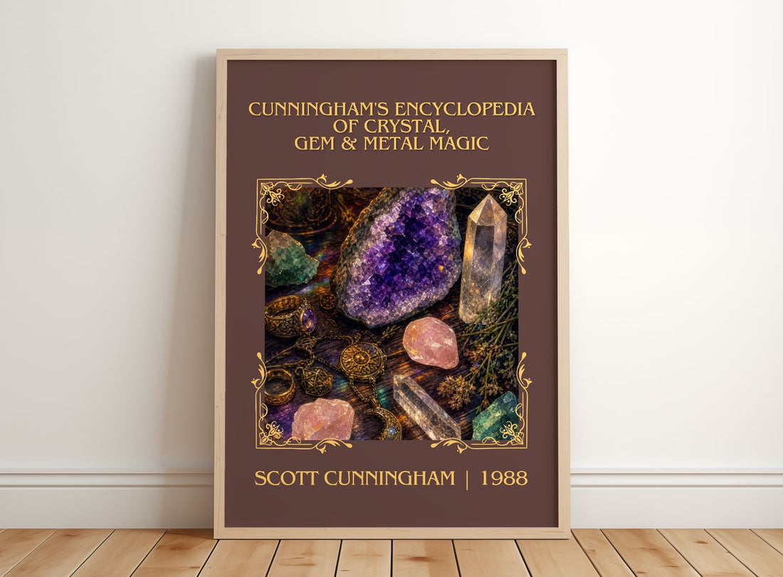 Cunningham's encyclopedia of crystal, gem & metal magic Classic Book Art Print by Scott Cunningham – framed print leaning on a wooden floor