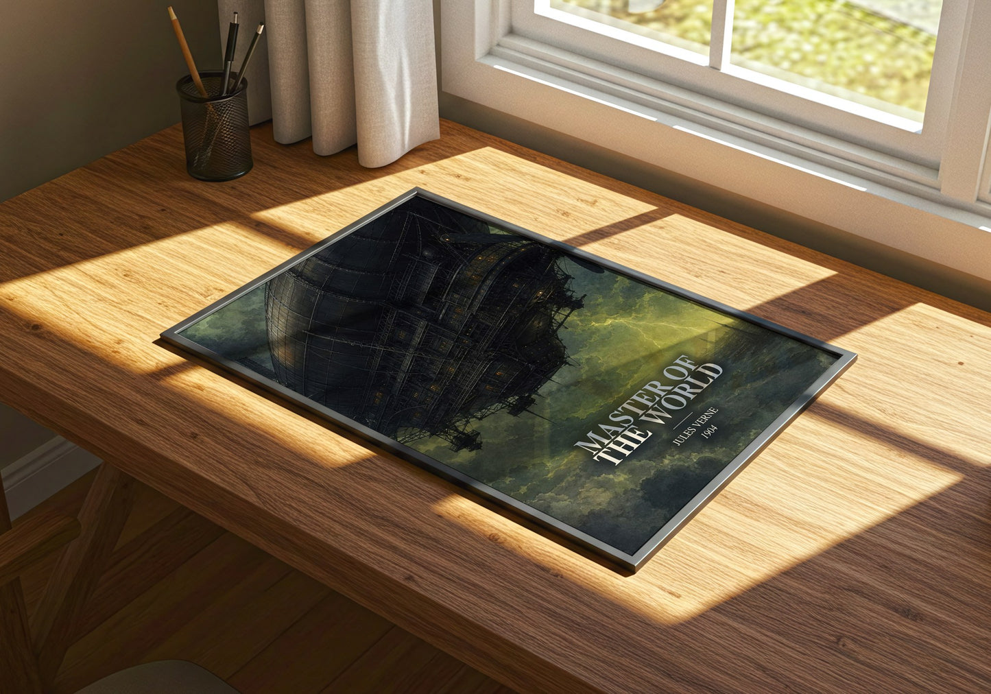 Master Of The World watercolour book poster framed on wall – sci fi wall art