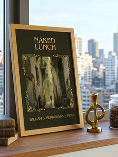 Naked Lunch Classic Book Art Print by William S. Burroughs – framed print on a city-view windowsill