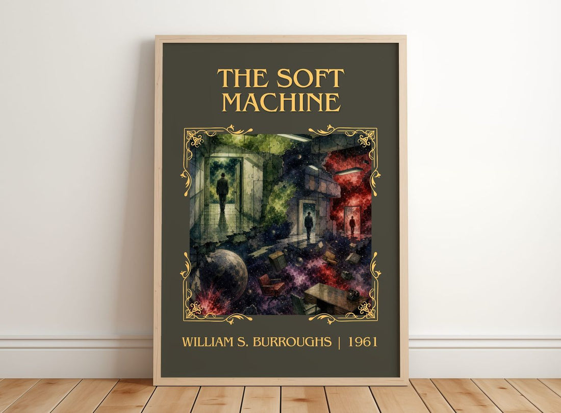 The Soft Machine Classic Book Art Print by William S. Burroughs – framed print leaning on a wooden floor