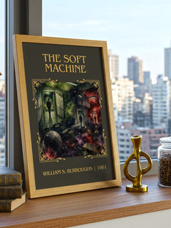 The Soft Machine Classic Book Art Print by William S. Burroughs – framed print on a city-view windowsill