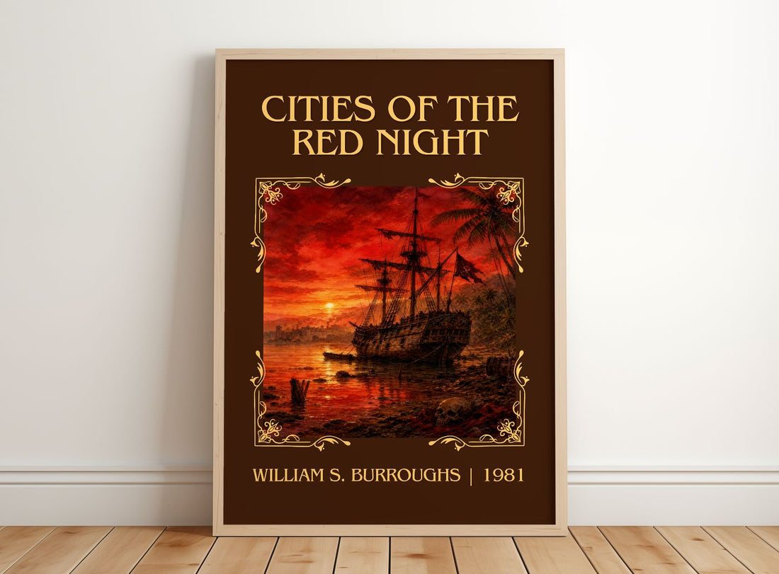Cities of the Red Night Classic Book Art Print by William S. Burroughs – framed print leaning on a wooden floor