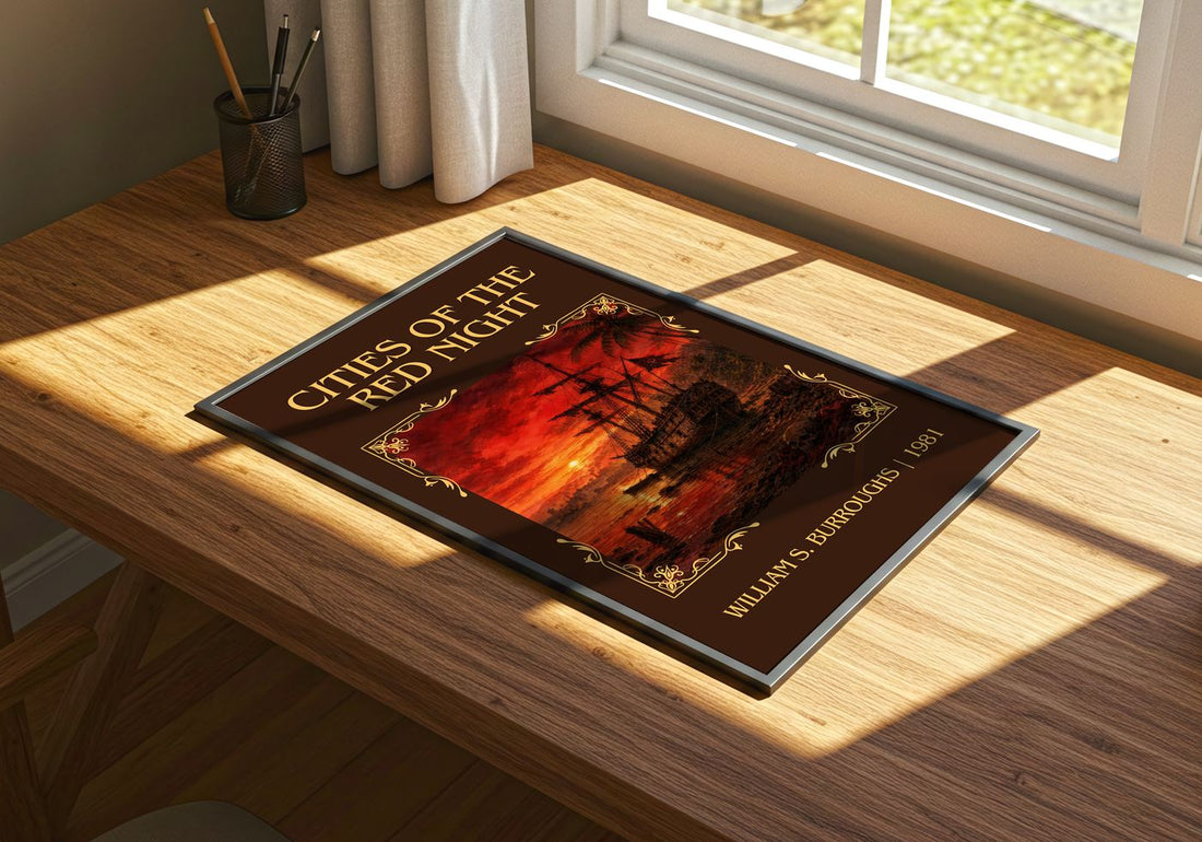 Cities of the Red Night Classic Book Art Print by William S. Burroughs – print on a sunlit desk