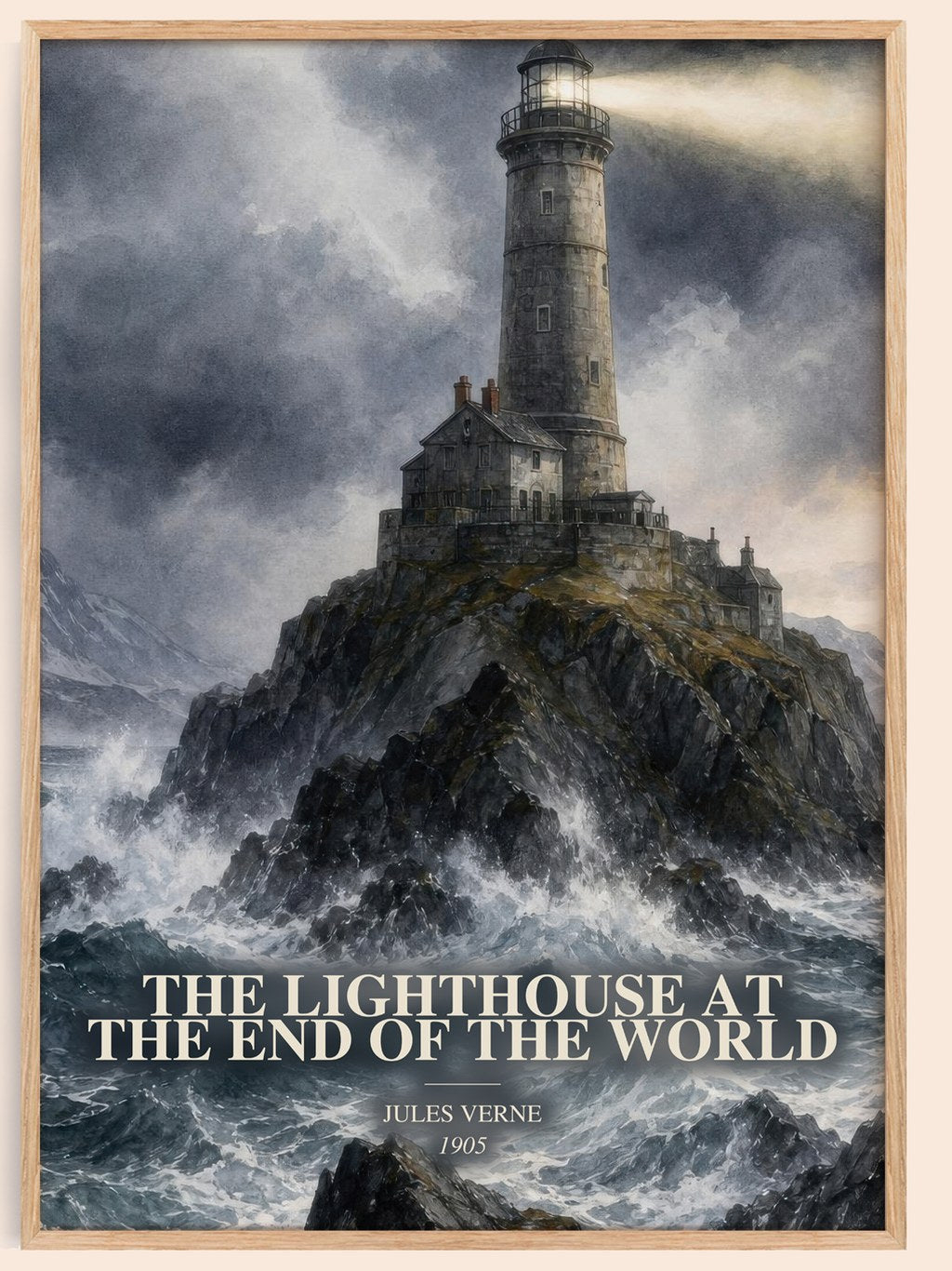 The Lighthouse At The End Of The World watercolour book poster by Jules Verne – framed literary art print