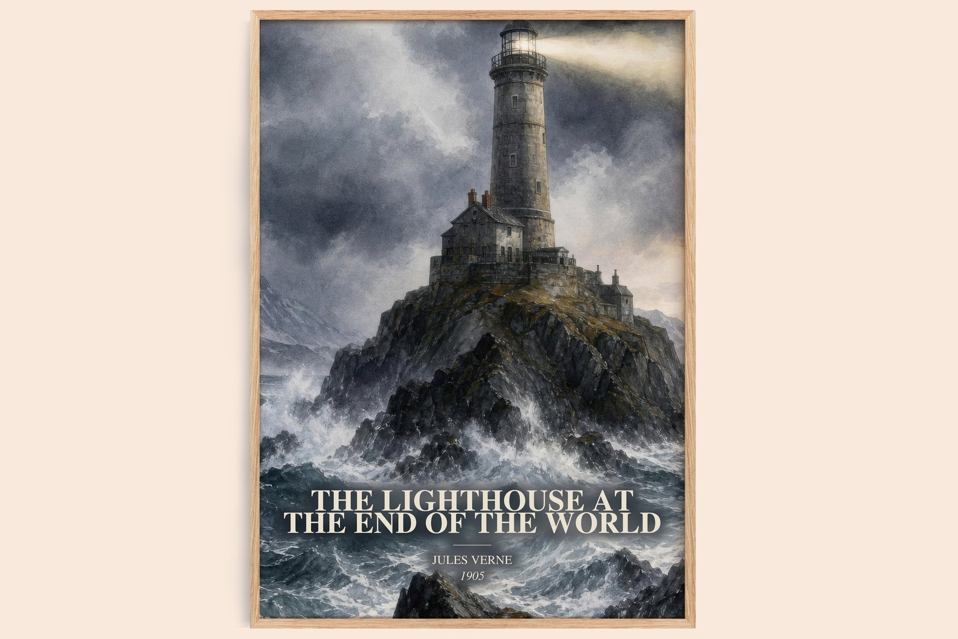 The Lighthouse At The End Of The World watercolour book poster by Jules Verne – framed literary art print