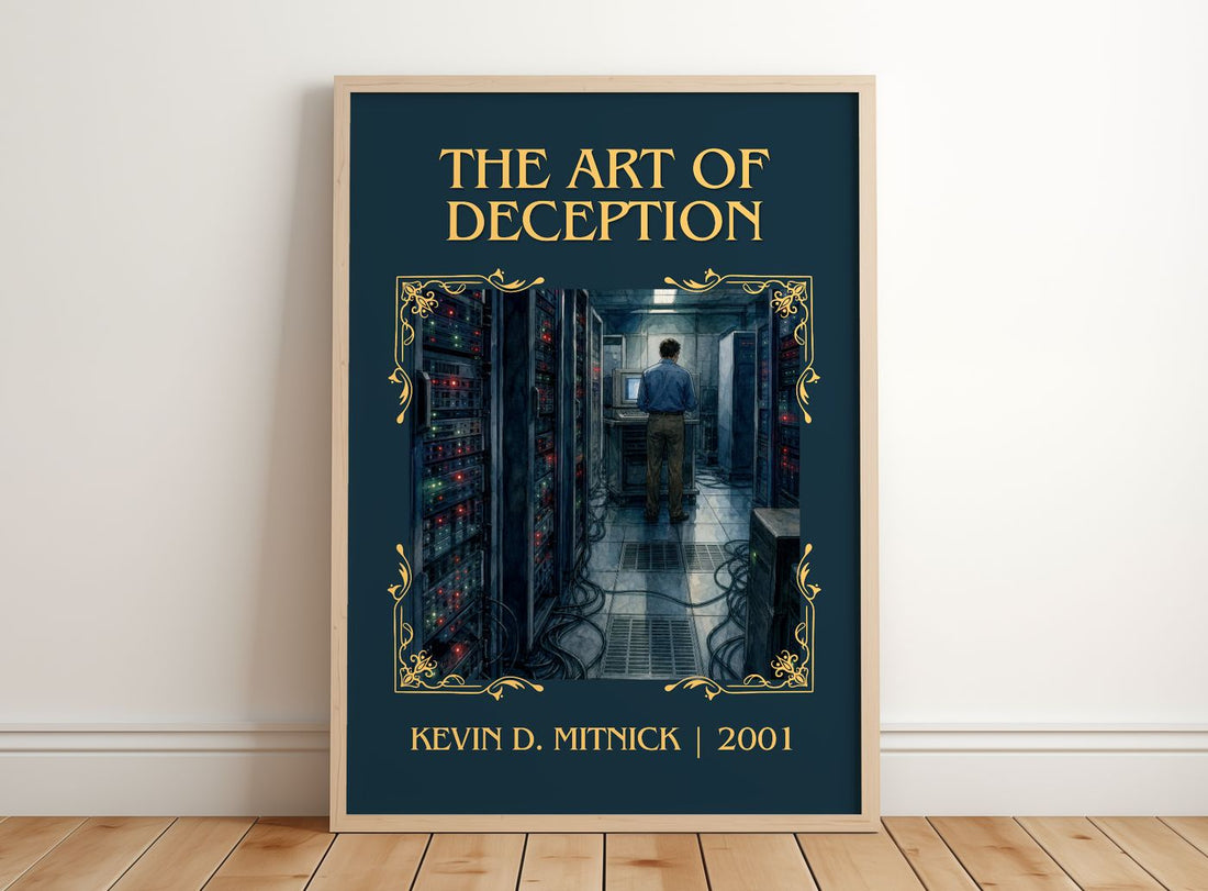 The Art of Deception Classic Book Art Print by Kevin D. Mitnick – framed print leaning on a wooden floor