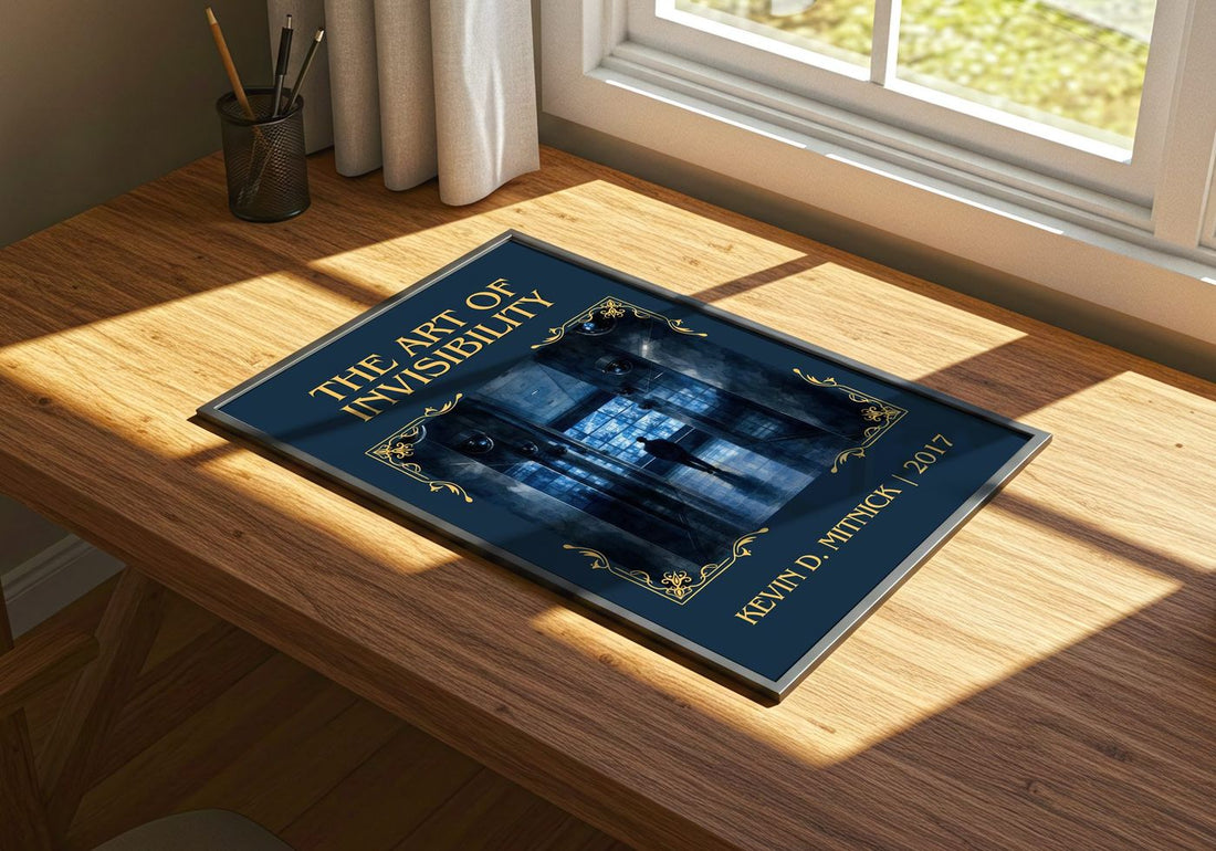 The Art of Invisibility Classic Book Art Print by Kevin D. Mitnick – print on a sunlit desk