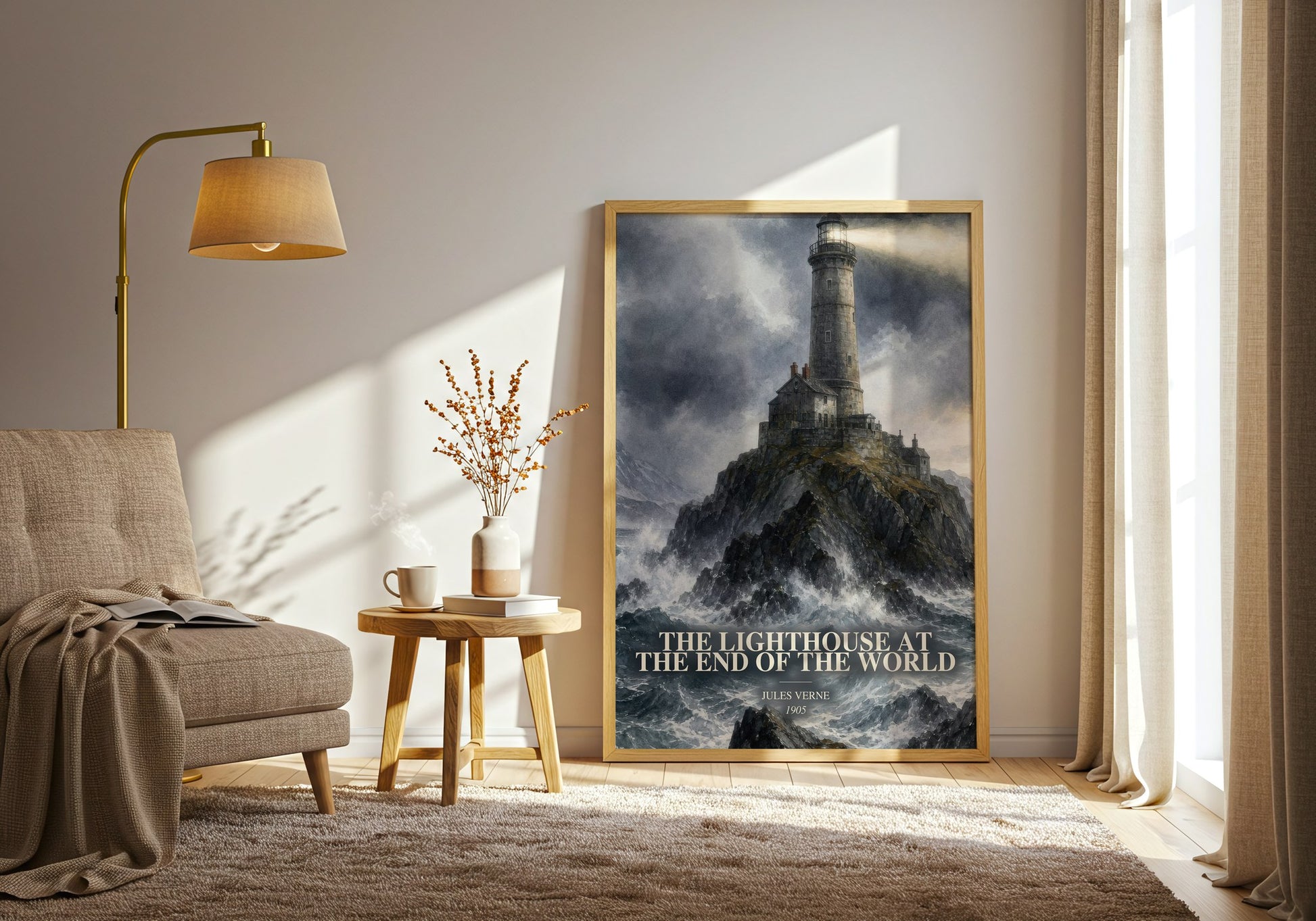 The Lighthouse At The End Of The World watercolour print in frame leaning in hallway – adventure wall art