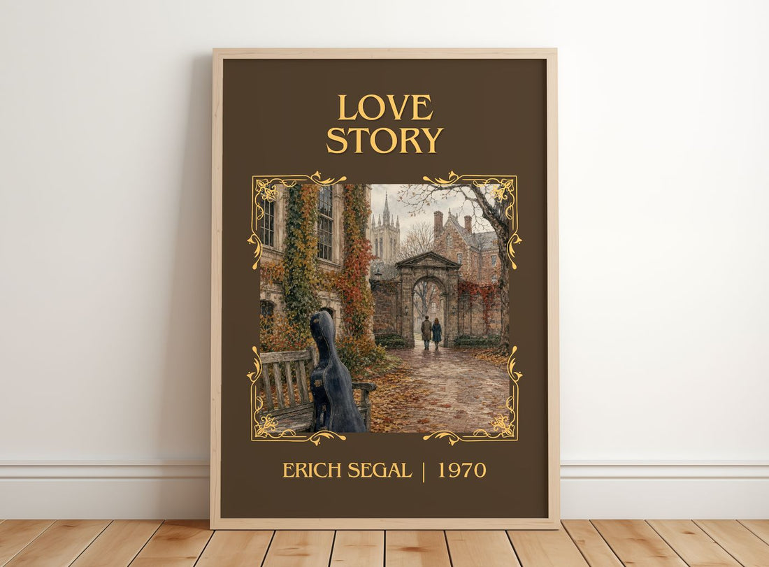 Love Story Classic Book Art Print by Erich Segal – framed print leaning on a wooden floor