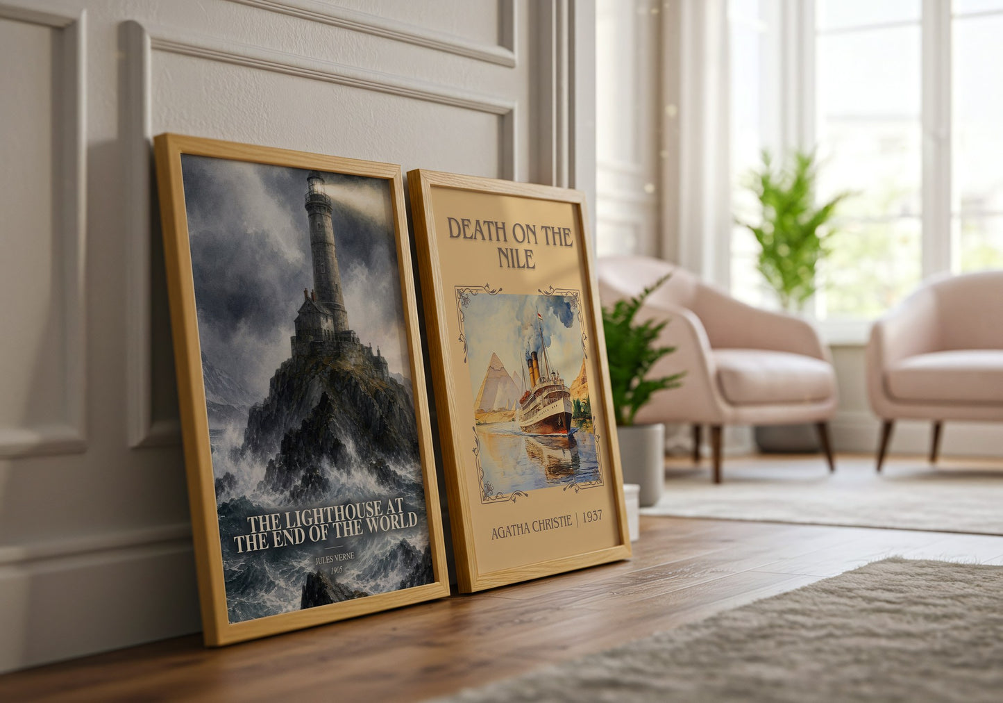 The Lighthouse At The End Of The World watercolour print framed by window – literary home decor