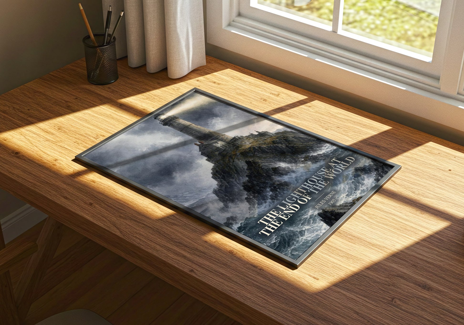 The Lighthouse At The End Of The World watercolour book poster framed on wall – adventure wall art