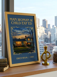 Man,woman & Child Exp Ed Classic Book Art Print by Erich Segal – framed print on a city-view windowsill
