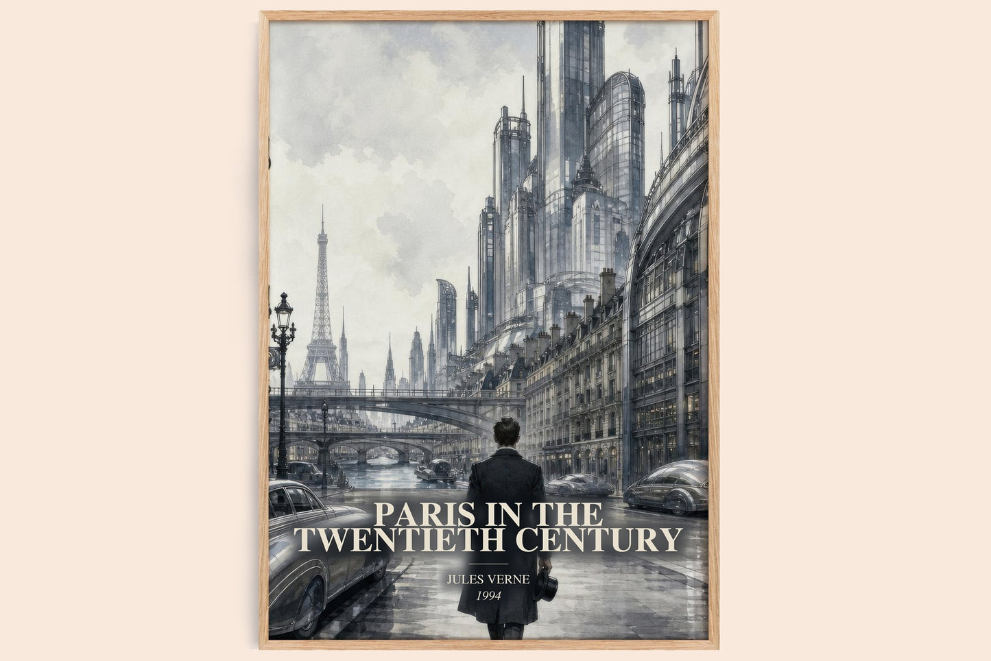 Paris In The Twentieth Century watercolour book poster by Jules Verne – framed literary art print