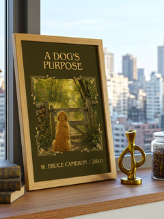 A Dog's Purpose Classic Book Art Print by W. Bruce Cameron – framed print on a city-view windowsill