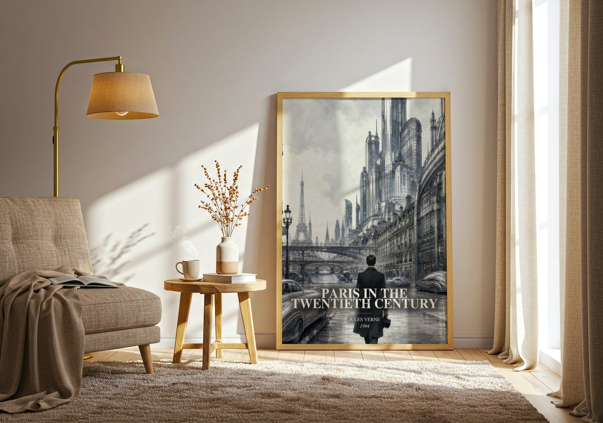 Paris In The Twentieth Century watercolour print in frame leaning in hallway – sci fi wall art