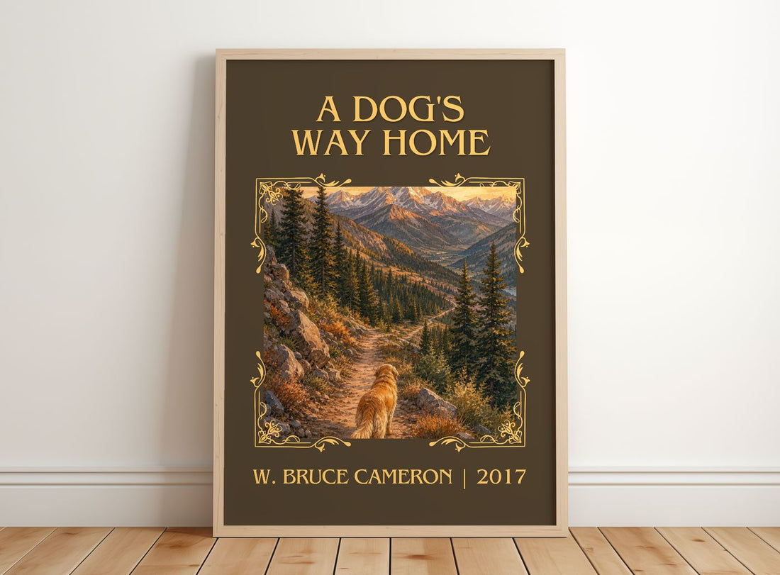 A Dog's Way Home Classic Book Art Print by W. Bruce Cameron – framed print leaning on a wooden floor