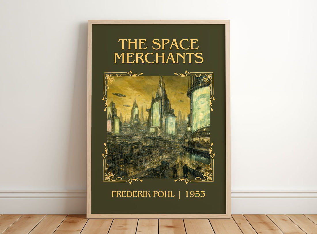 The Space Merchants Classic Book Art Print by Frederik Pohl – framed print leaning on a wooden floor