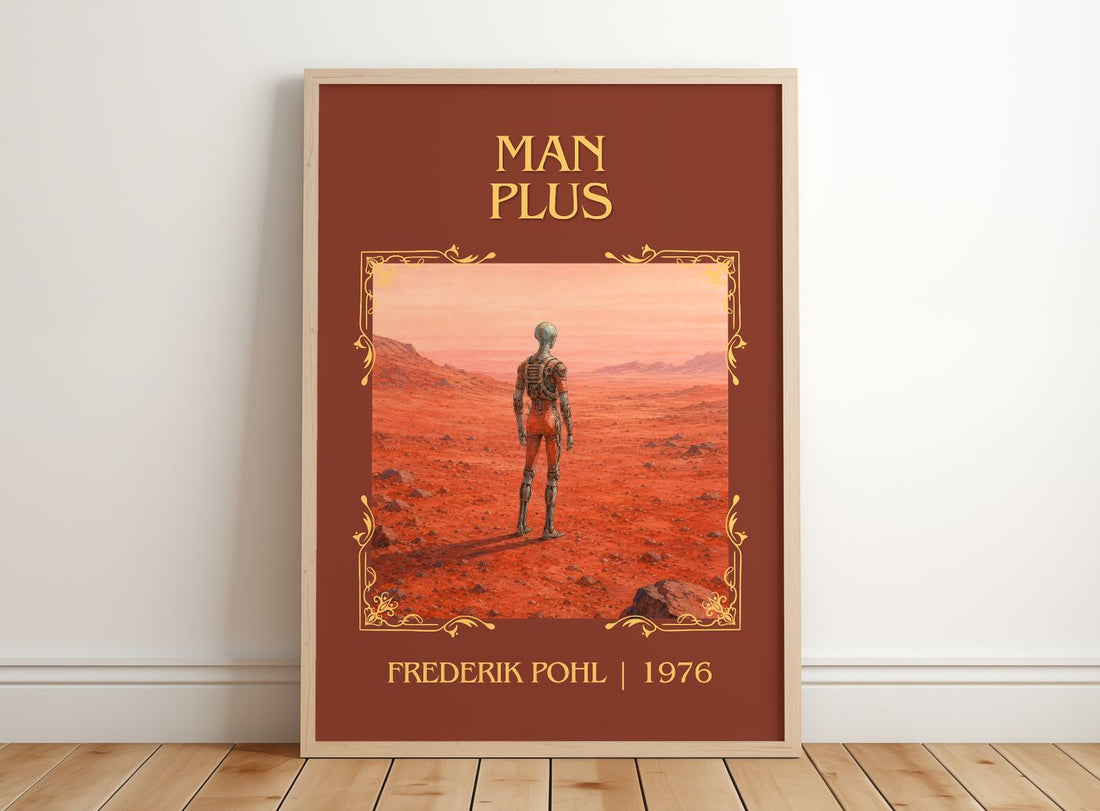 Man Plus Classic Book Art Print by Frederik Pohl – framed print leaning on a wooden floor