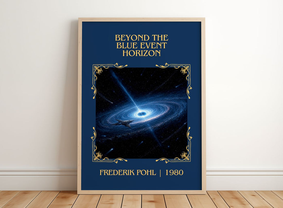 Beyond the Blue Event Horizon Classic Book Art Print by Frederik Pohl – framed print leaning on a wooden floor