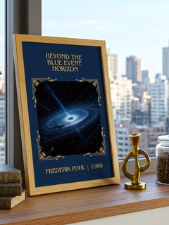 Beyond the Blue Event Horizon Classic Book Art Print by Frederik Pohl – framed print on a city-view windowsill