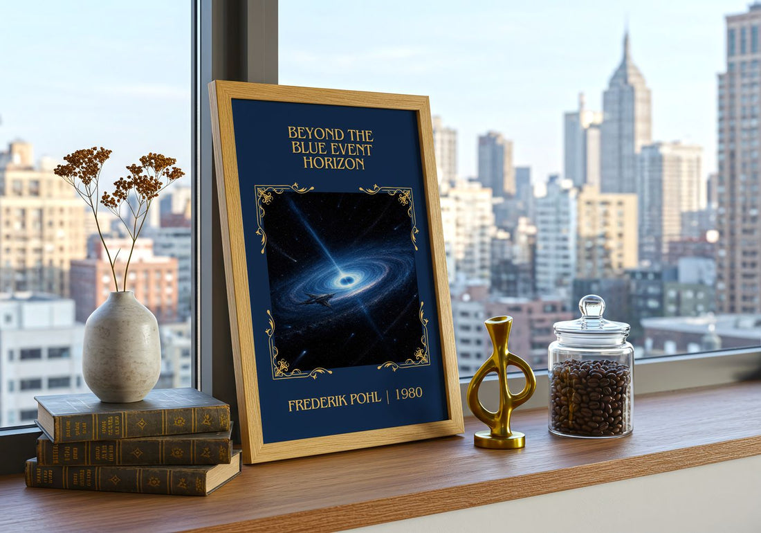 Beyond the Blue Event Horizon Classic Book Art Print by Frederik Pohl – framed print on a city-view windowsill