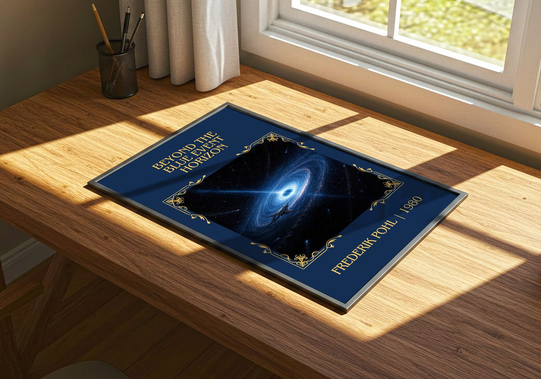 Beyond the Blue Event Horizon Classic Book Art Print by Frederik Pohl – print on a sunlit desk
