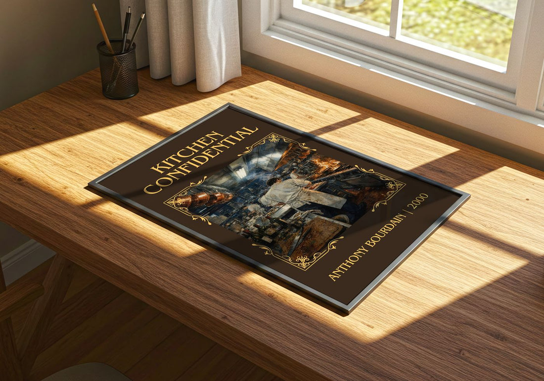 Kitchen Confidential Classic Book Art Print by Anthony Bourdain – print on a sunlit desk