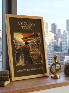 A Cook's Tour Classic Book Art Print by Anthony Bourdain – framed print on a city-view windowsill