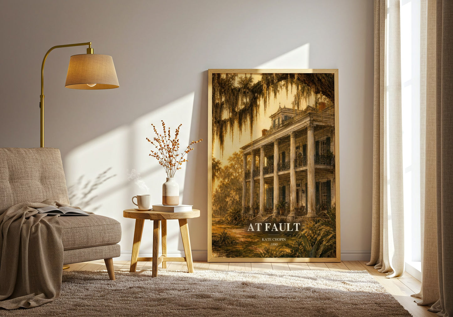 At Fault watercolour print in frame leaning in hallway – literary fiction wall art