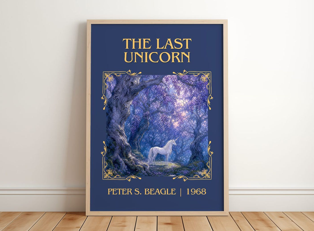 The Last Unicorn Classic Book Art Print by Peter S. Beagle – framed print leaning on a wooden floor