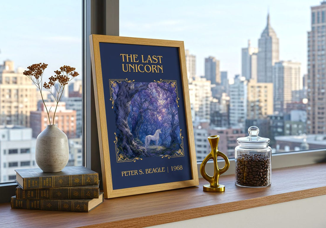 The Last Unicorn Classic Book Art Print by Peter S. Beagle – framed print on a city-view windowsill