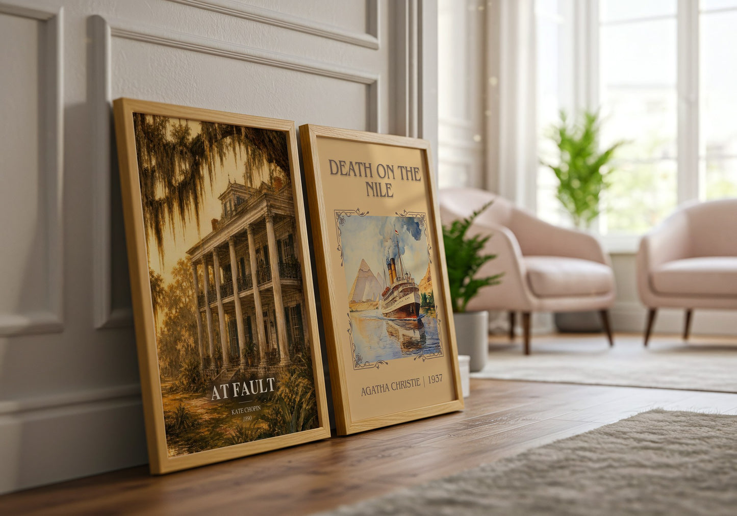 At Fault watercolour print framed by window – literary home decor