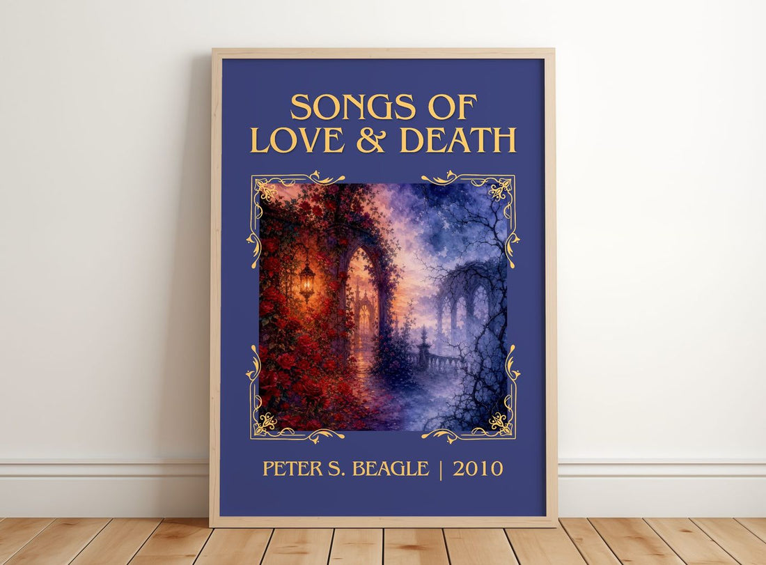 Songs of love & death Classic Book Art Print by Peter S. Beagle – framed print leaning on a wooden floor
