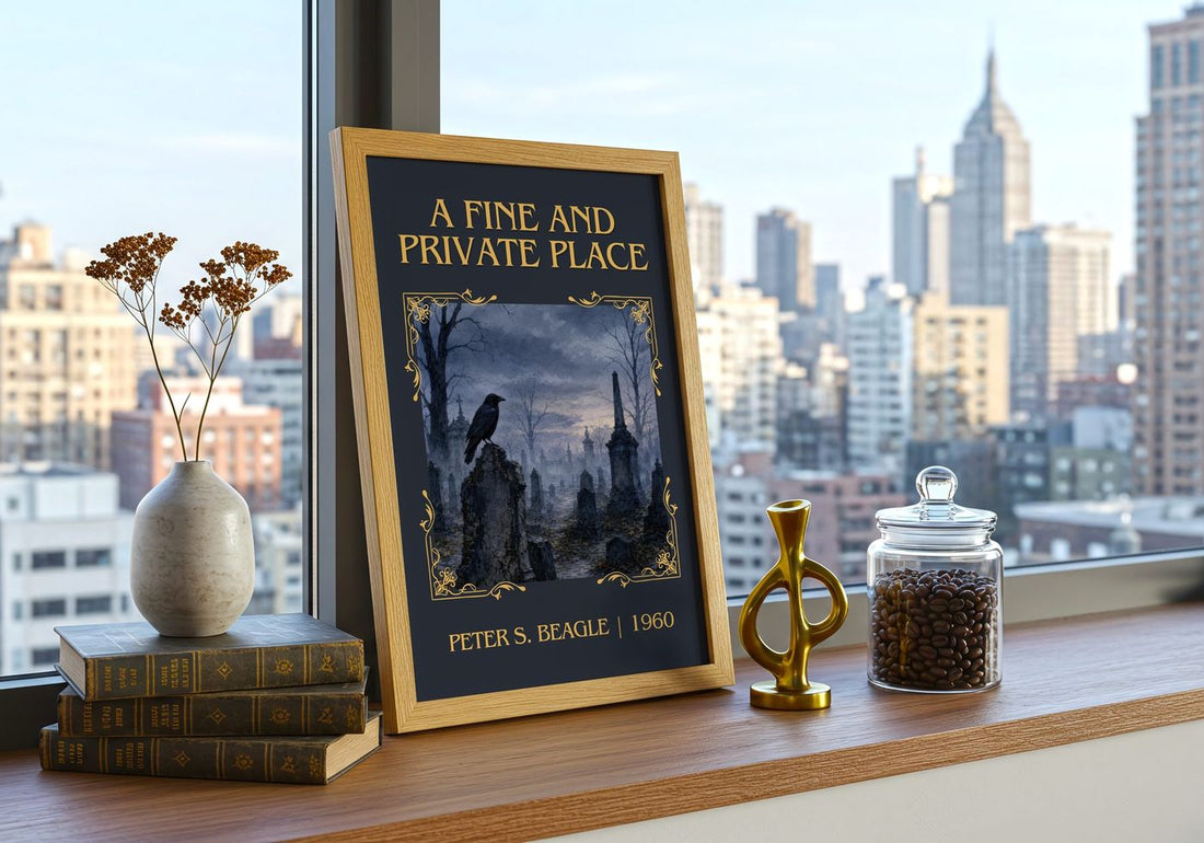 A Fine and Private Place Classic Book Art Print by Peter S. Beagle – framed print on a city-view windowsill