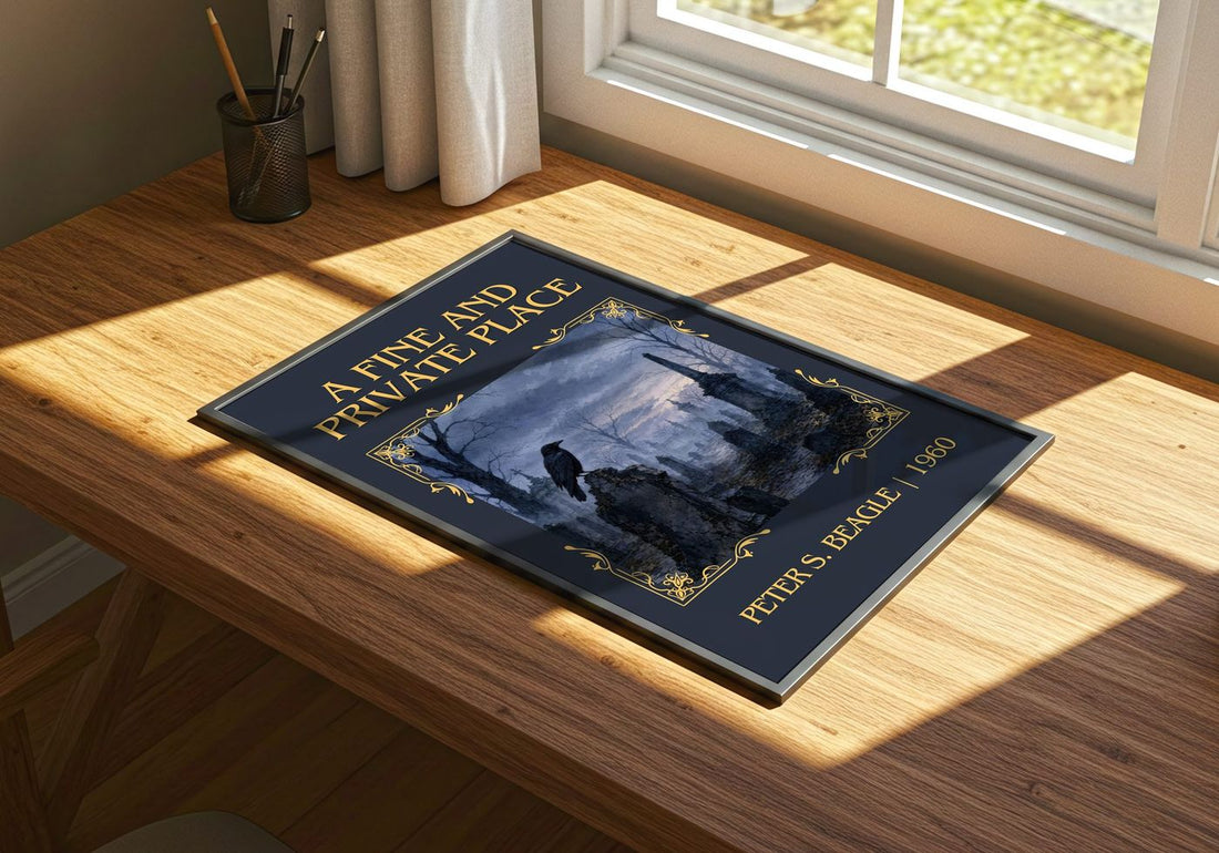 A Fine and Private Place Classic Book Art Print by Peter S. Beagle – print on a sunlit desk
