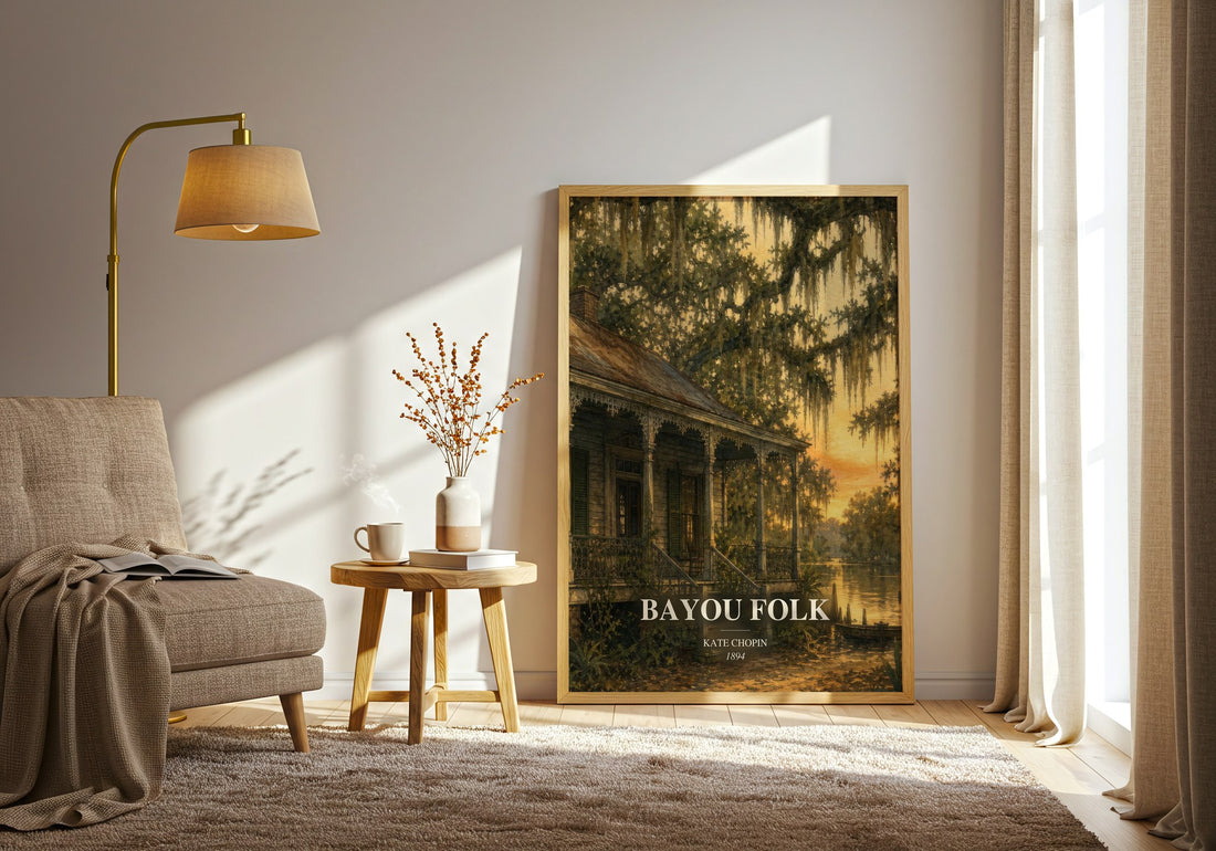 Bayou Folk watercolour print in frame leaning in hallway – historical fiction wall art (mockup)