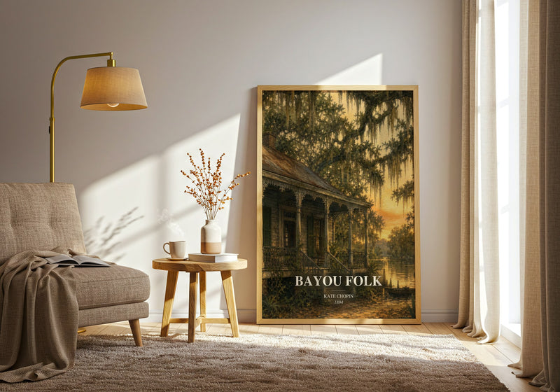 Bayou Folk watercolour print in frame leaning in hallway – historical fiction wall art