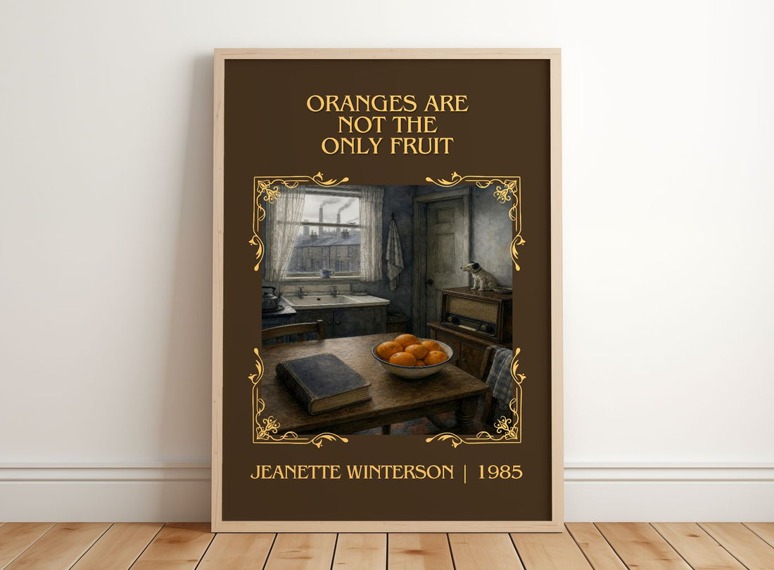 Oranges Are Not the Only Fruit Classic Book Art Print by J. Winterson – framed print leaning on a wooden floor